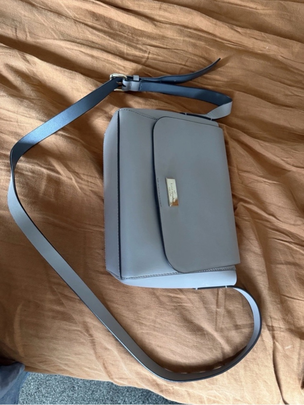 kate spade Taupe Leather Crossbody with Gold Plaque
